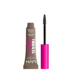 NYX Thick It Stick It brow mascara close-up on tube and brush showing vegan formula for defined natural brows