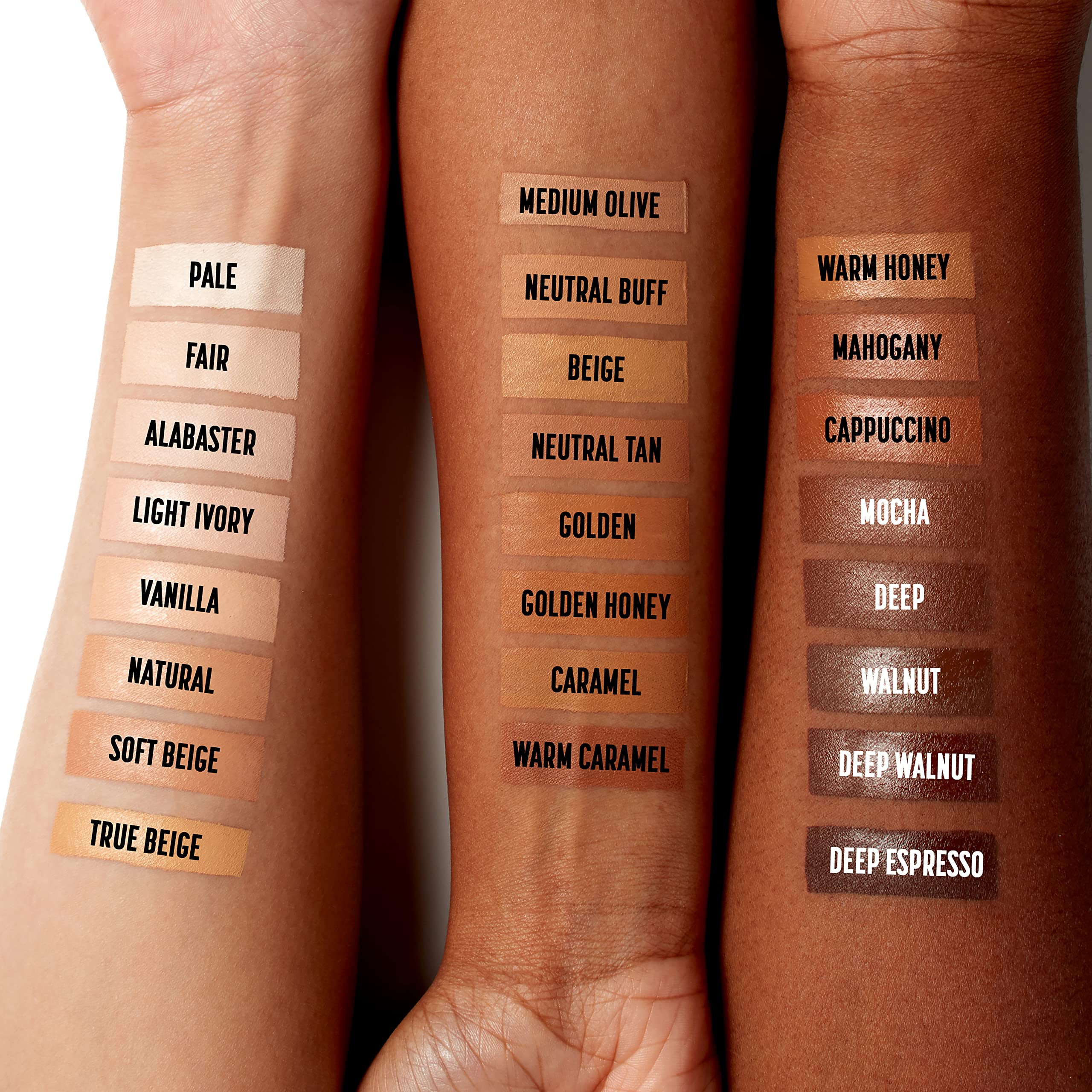 Swatches of 24 shades showing inclusive shade range for matching complexion.