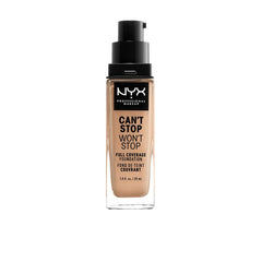 NYX Can't Stop Won't Stop foundation bottle in True Beige showing matte long-wear coverage.