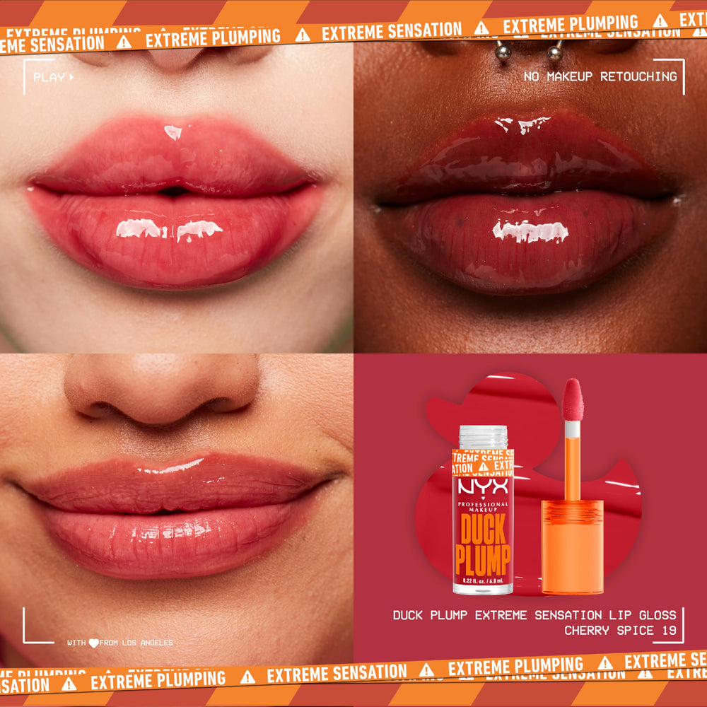 NYX Duck Plump lip gloss applied on lips for a glossy plumped look.