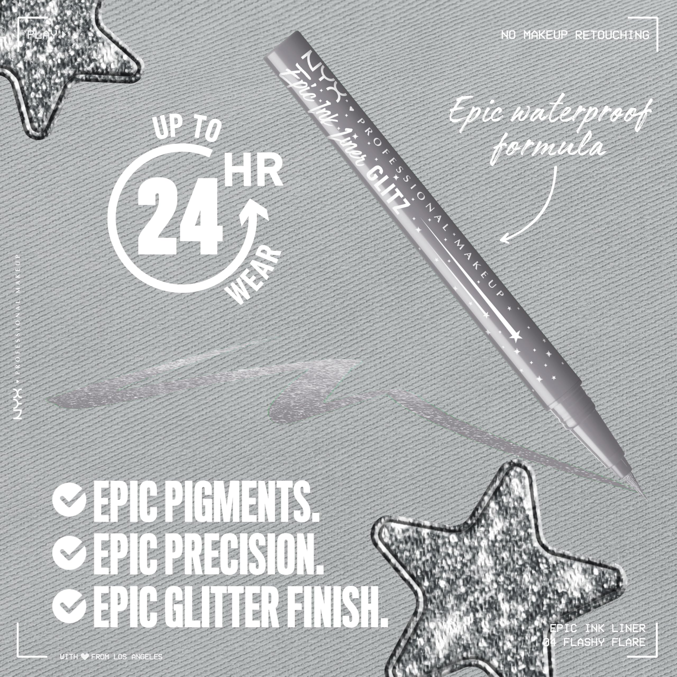 NYX Epic Ink Glitz liner brush-tip precision for clean one-stroke application.