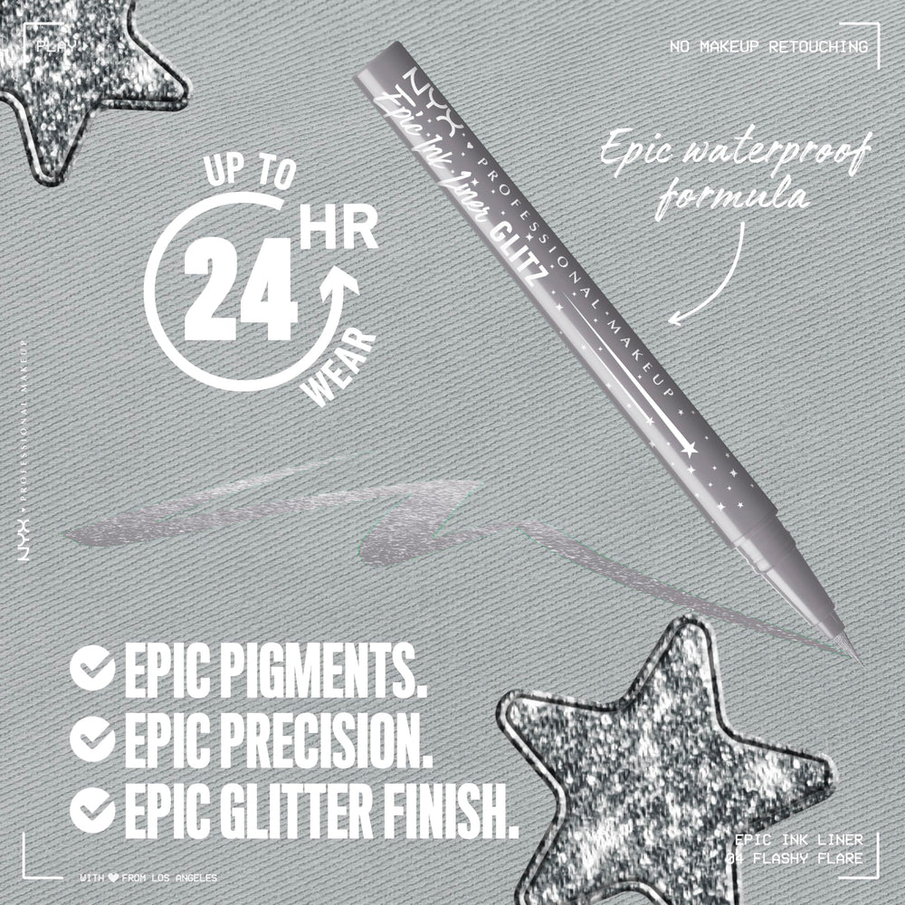 NYX Epic Ink Glitz liner brush-tip precision for clean one-stroke application.