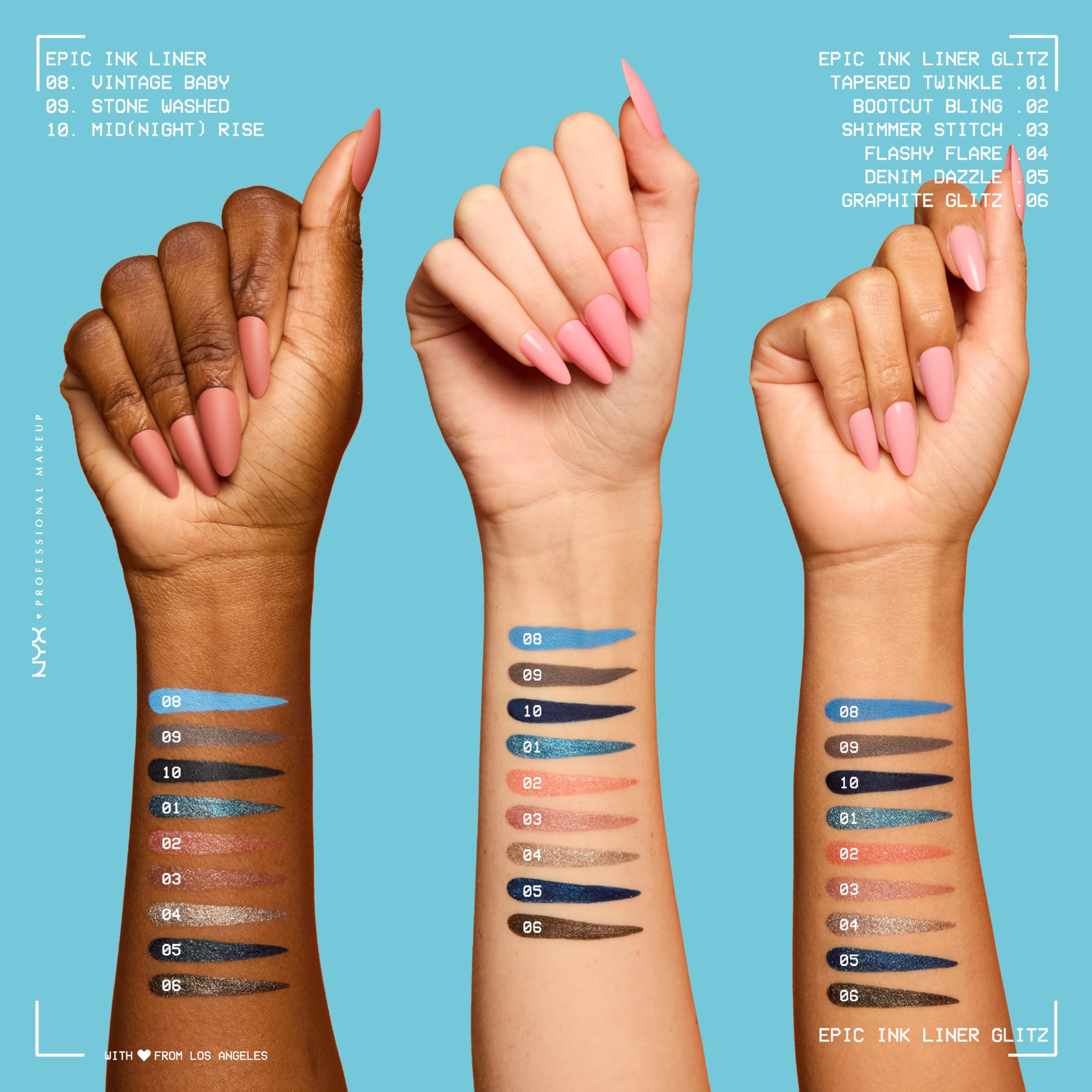NYX Epic Ink Glitz liner flake-resistant shimmer remains bright all day.