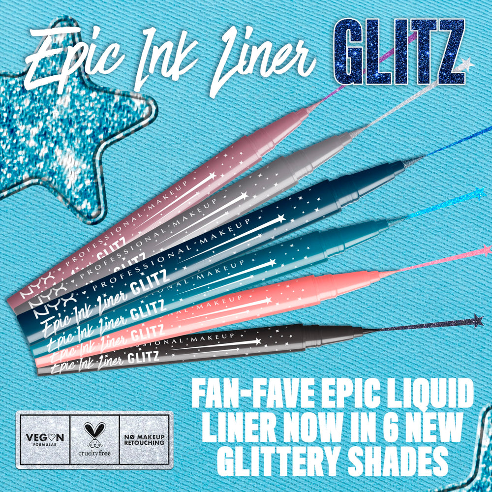 NYX Epic Ink Glitz Liner swatch highlighting flake-resistant shimmer finish.