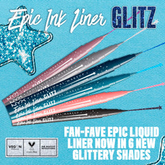NYX Epic Ink Glitz Liner swatch highlighting flake-resistant shimmer finish.