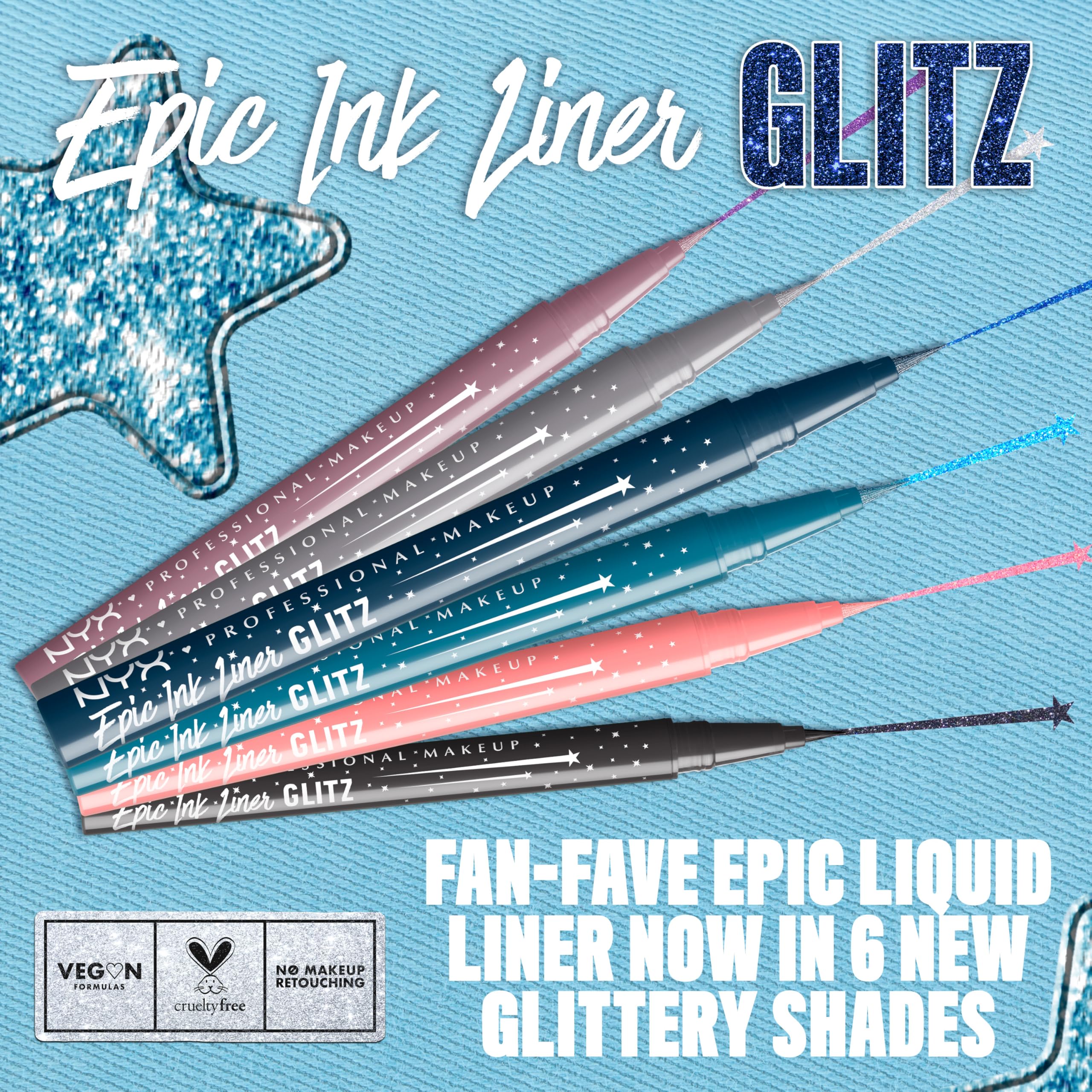 NYX Epic Ink Glitz liner saturated glitter pigment delivers vibrant metallic shine.