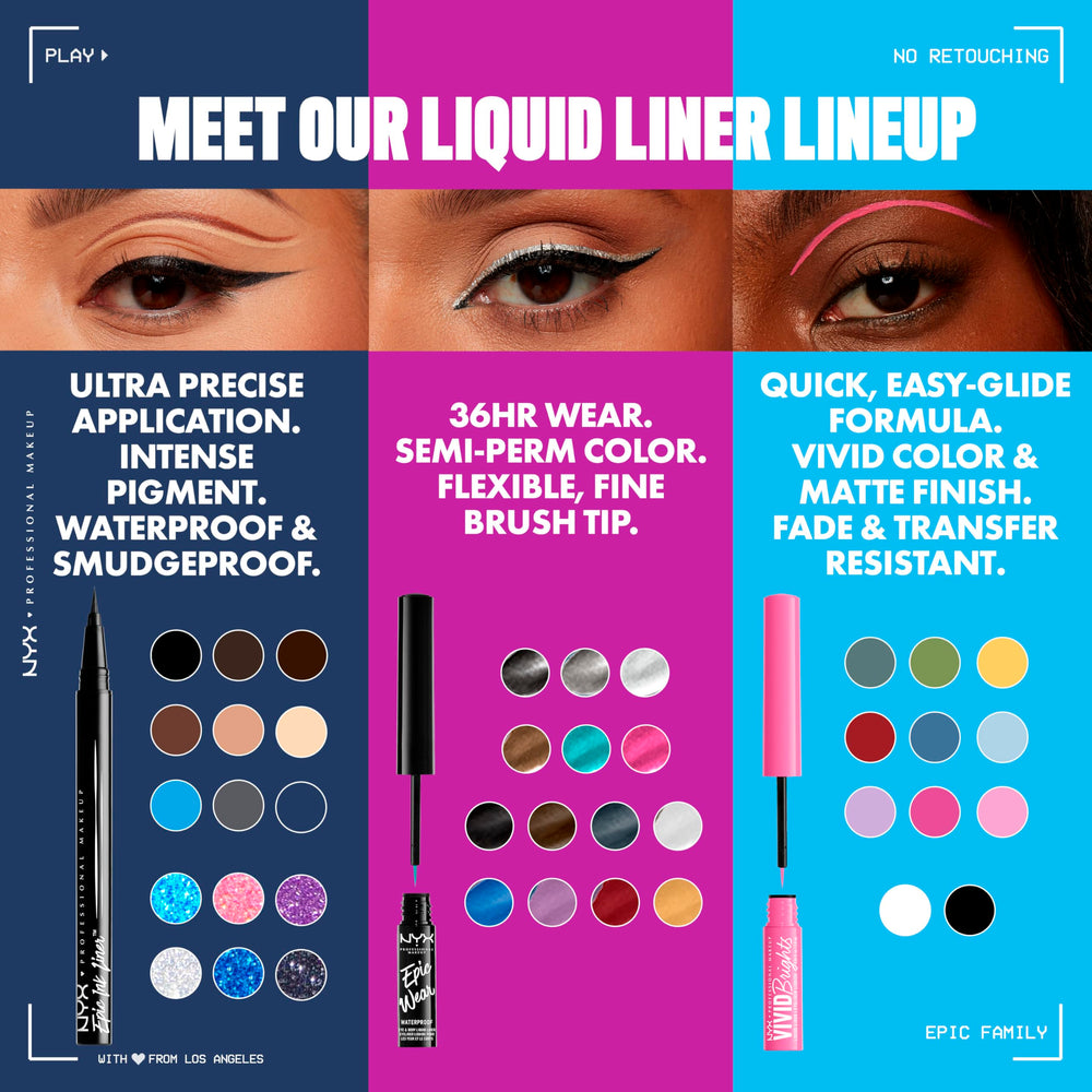 NYX Epic Ink Glitz liner shimmering metallic edge for dramatic eye looks.