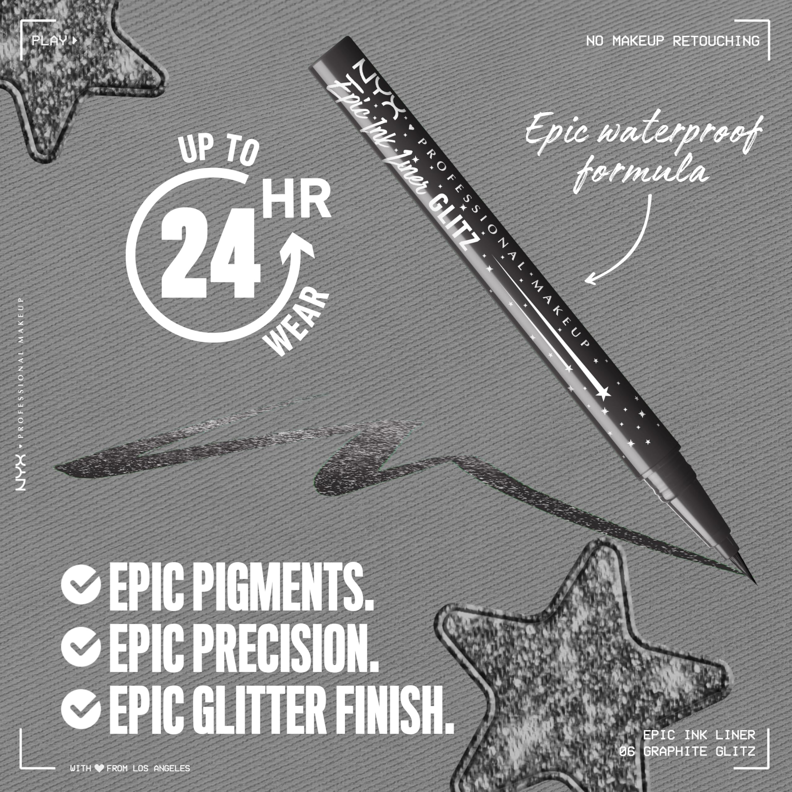 NYX Epic Ink Glitz Liner waterproof swatch demonstrating smudge-proof shimmer.