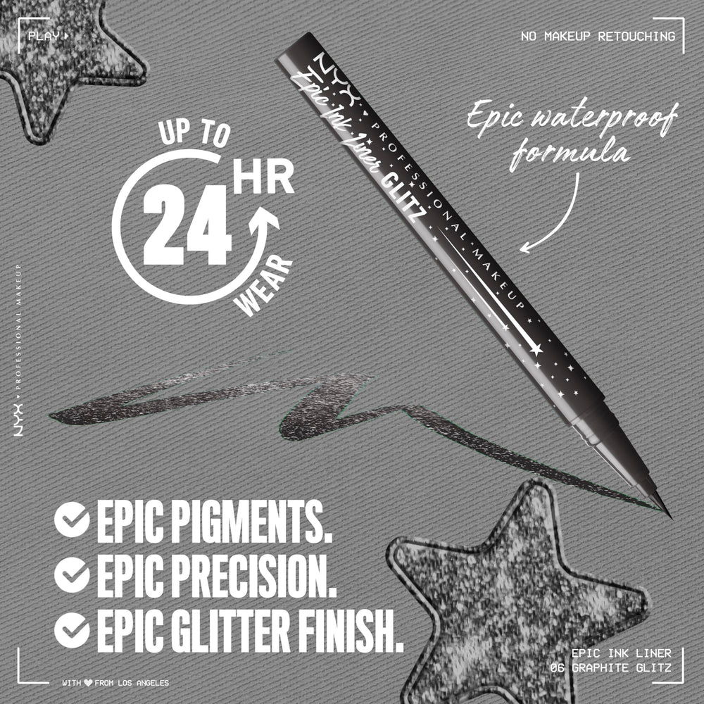 NYX Epic Ink Glitz Liner waterproof swatch demonstrating smudge-proof shimmer.