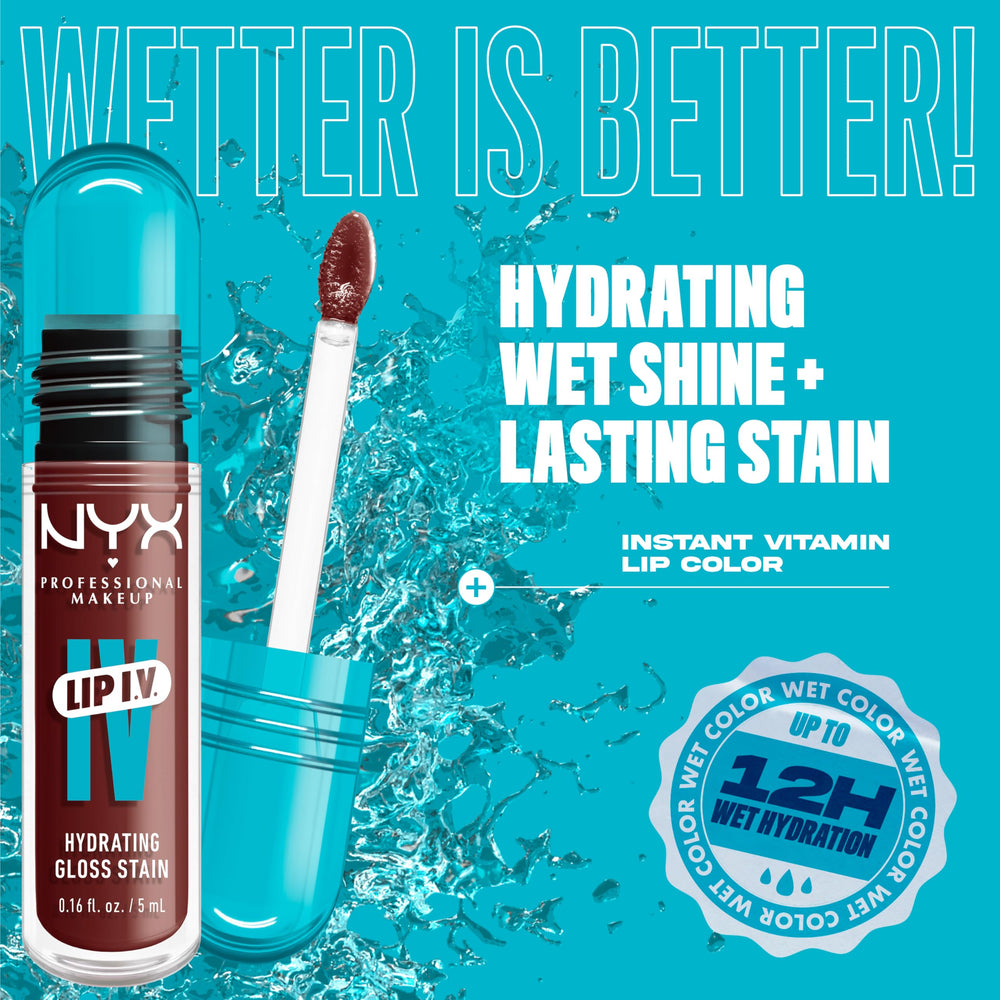 NYX Lip IV 12HR hydration swatch with glossy tint.