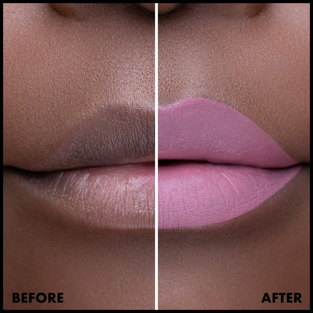 Closeup of NYX Lip Lingerie XXL no-transfer finish on lips.