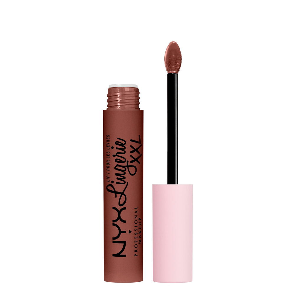 NYX Lip Lingerie XXL Matte Low Cut swatch in warm brown nude for shade matching.