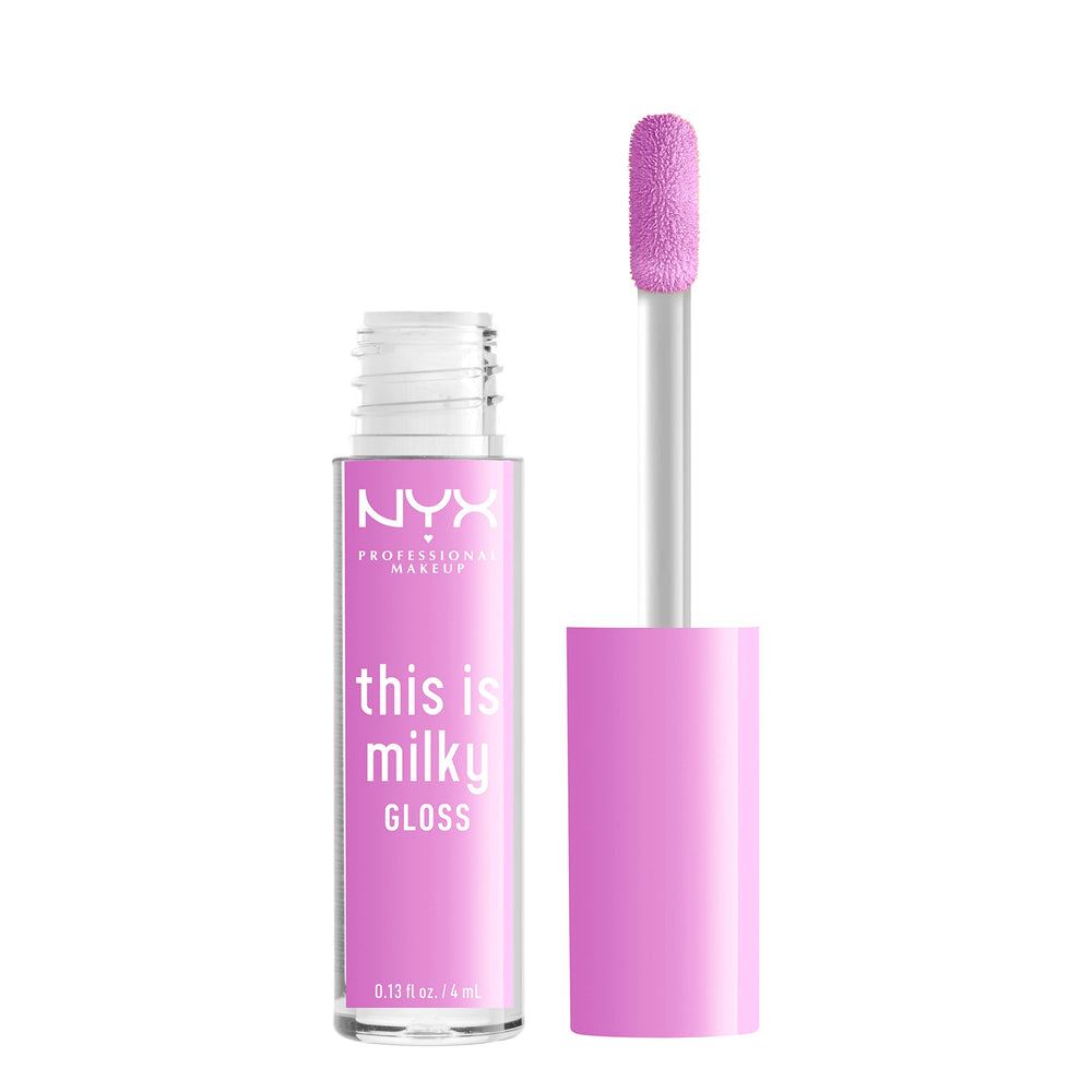 NYX This Is Milky Gloss Lilac Splash swatch shows ultra-glassy shine