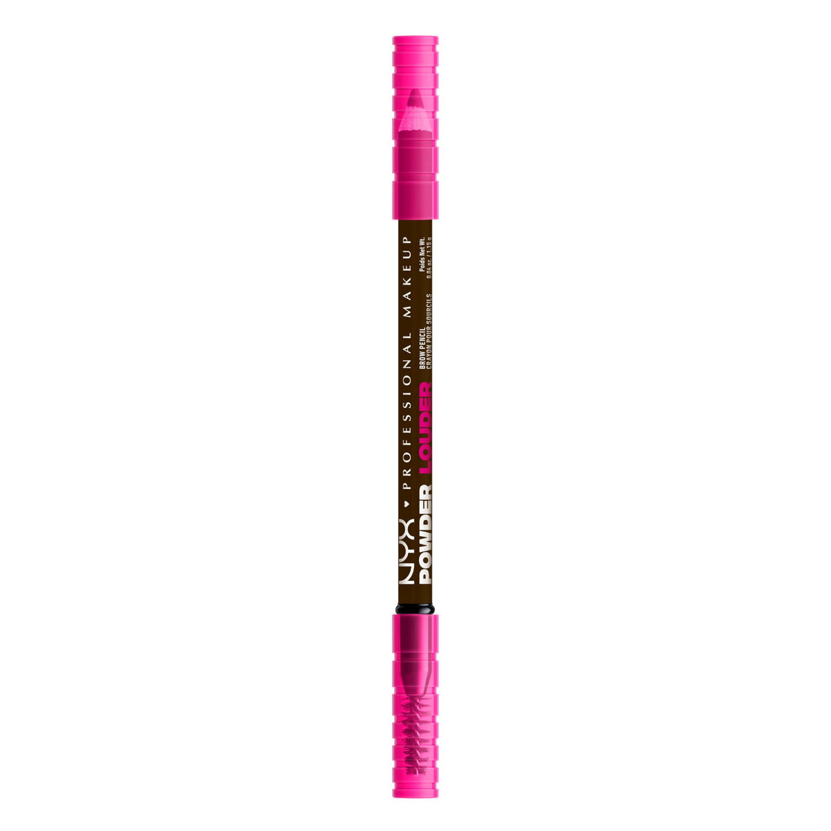 NYX Powder Louder Brow Pencil Ash Brown packaging highlights vegan formula for long wear.