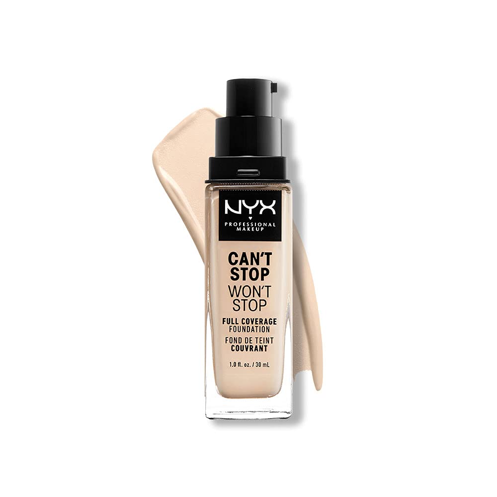 NYX Can't Stop Won't Stop foundation bottle closeup demonstrates long-wear matte finish for lasting complexion.