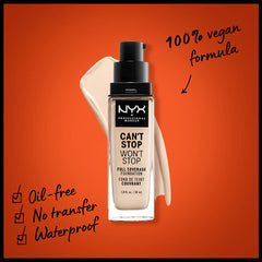 NYX Can't Stop Won't Stop foundation swatches highlight diverse shade range for true color match.