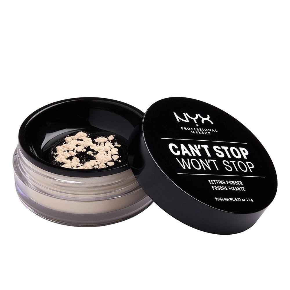NYX Can't Stop Won't Stop loose setting powder in Light for long-lasting matte finish and oil control.