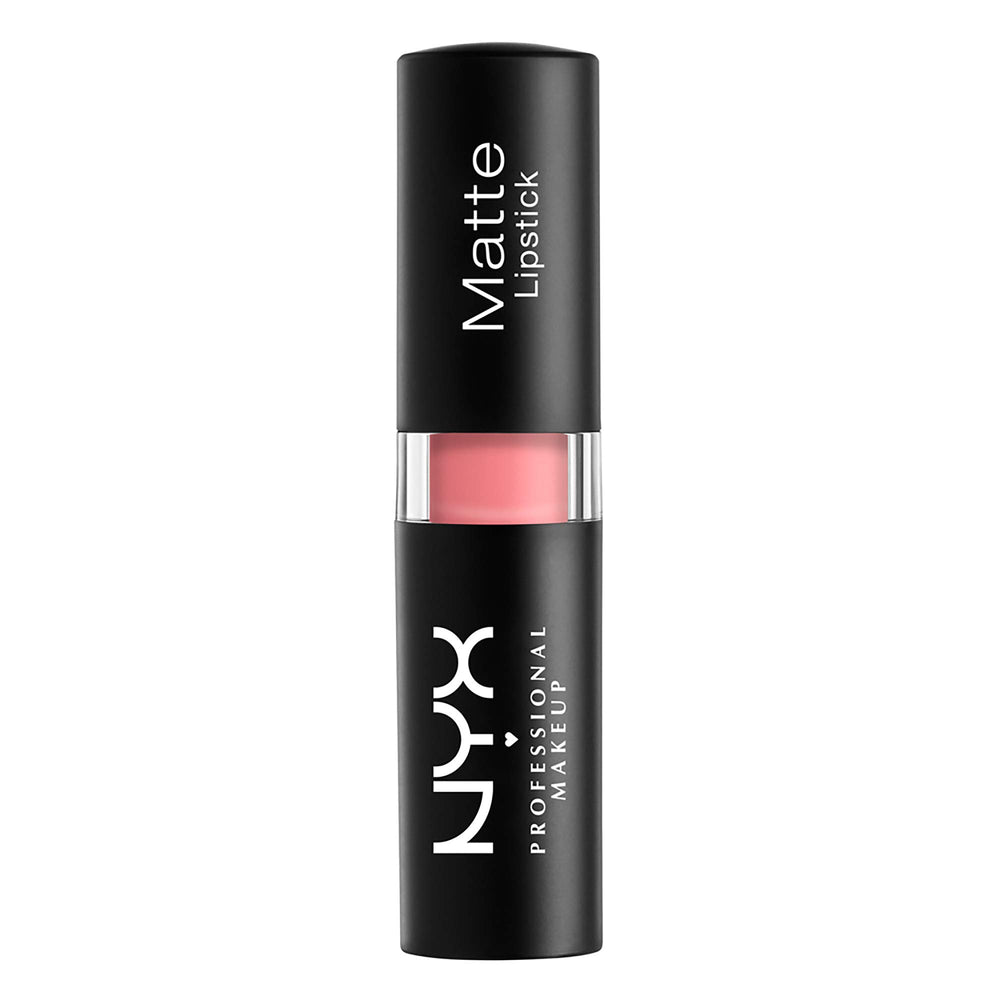 NYX Matte Lipstick Pale Pink close-up reveals creamy, non-drying texture.