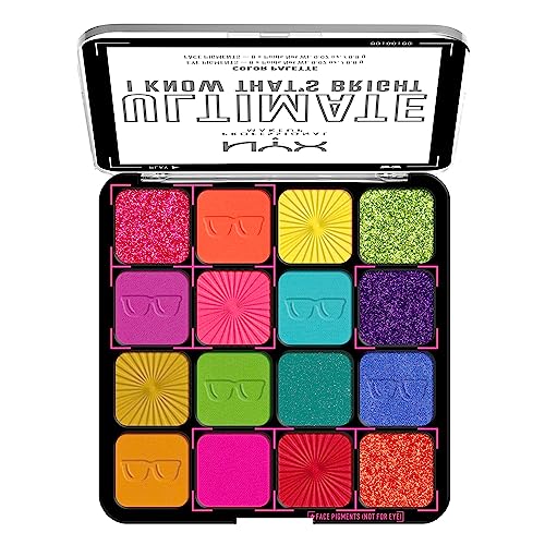 NYX Ultimate Shadow Palette I Know That's Bright open with swatches for creative eye looks