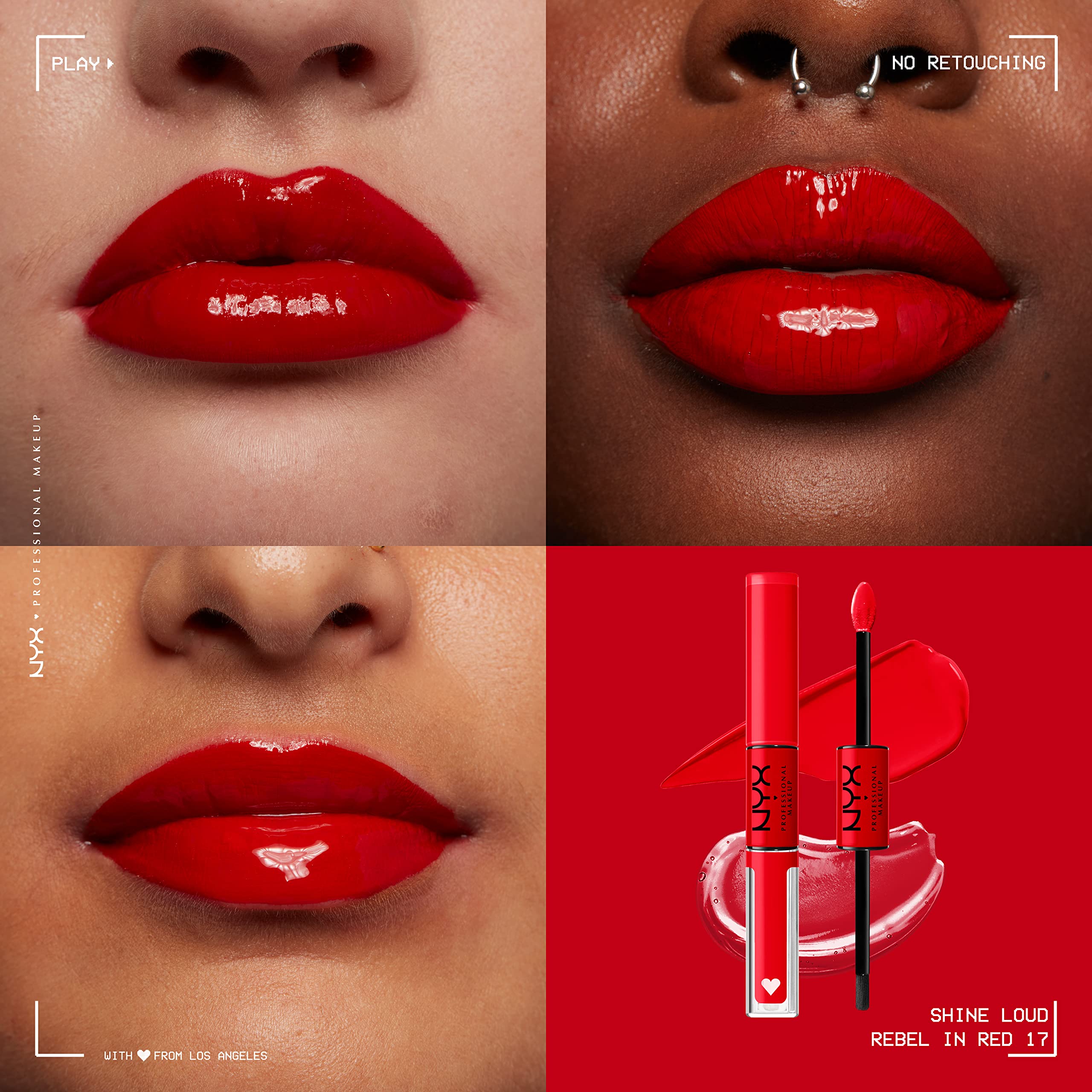 NYX Shine Loud Rebel in Red close-up lip shows glossy color