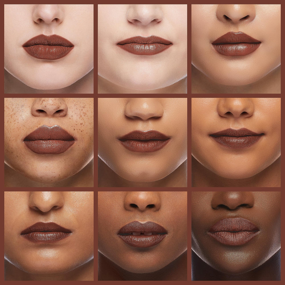 NYX Slide On Lip Pencil Urban Cafe brown on lips shows bold matte color and feather-proof application