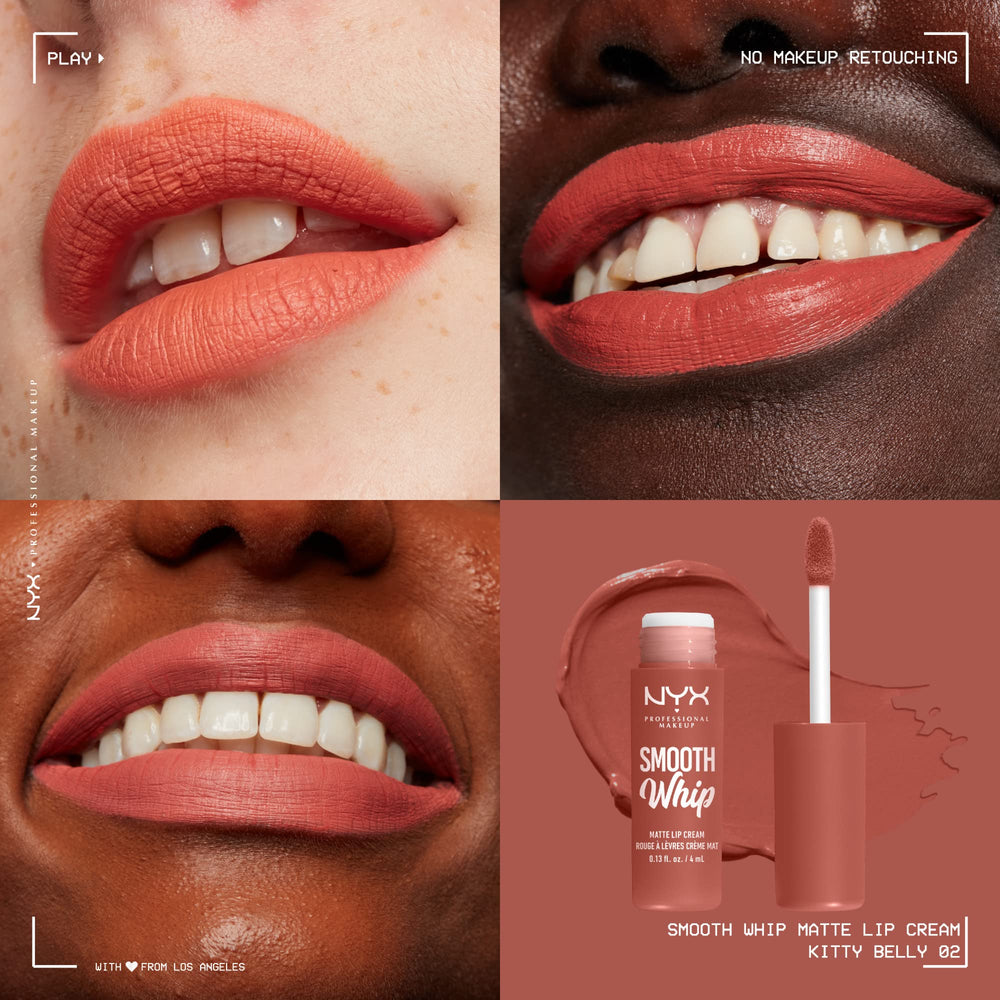 NYX Smooth Whip Matte Lip Cream muestra textura suave y acabado mate sin líneas.