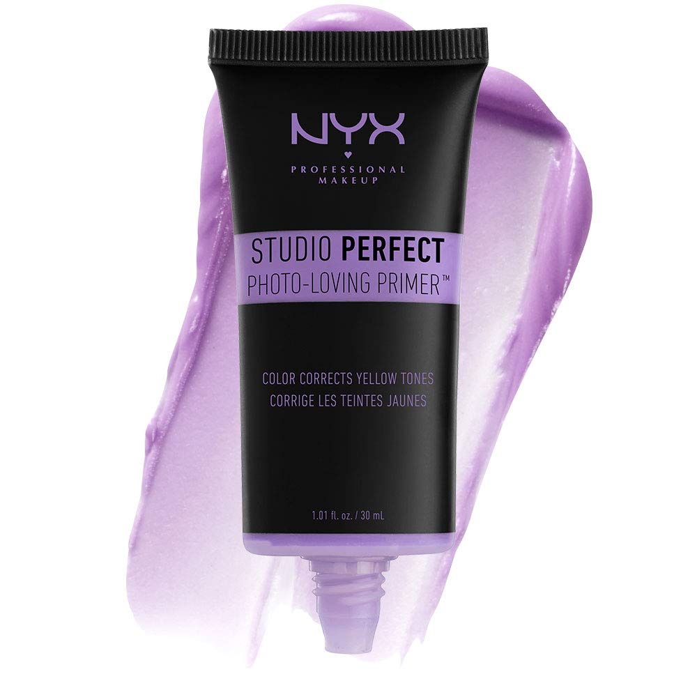 NYX Studio Perfect Primer Lavender bottle brightens yellow undertones and preps skin.