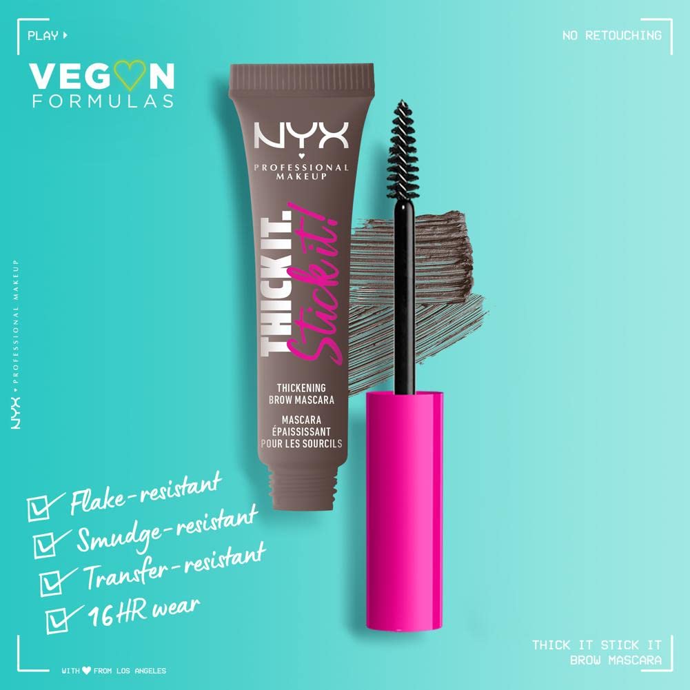 Close-up of the applicator brush from NYX Thick It Stick It Brow Mascara for precise shaping.