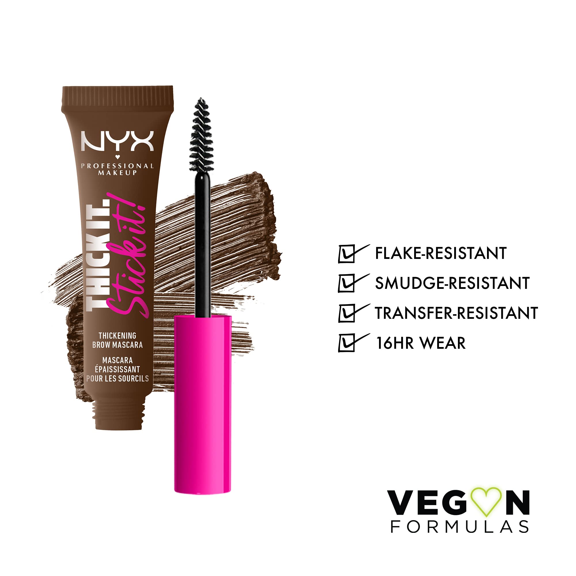 NYX Thick It Stick It brow mascara Brunette brush stroke shows layered thickness and even color