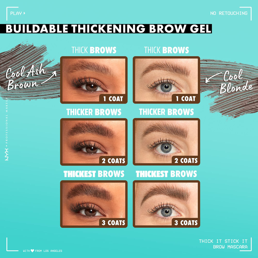 NYX Thick It Stick It brow mascara Brunette closeup reveals fiber-rich formula for fuller brows