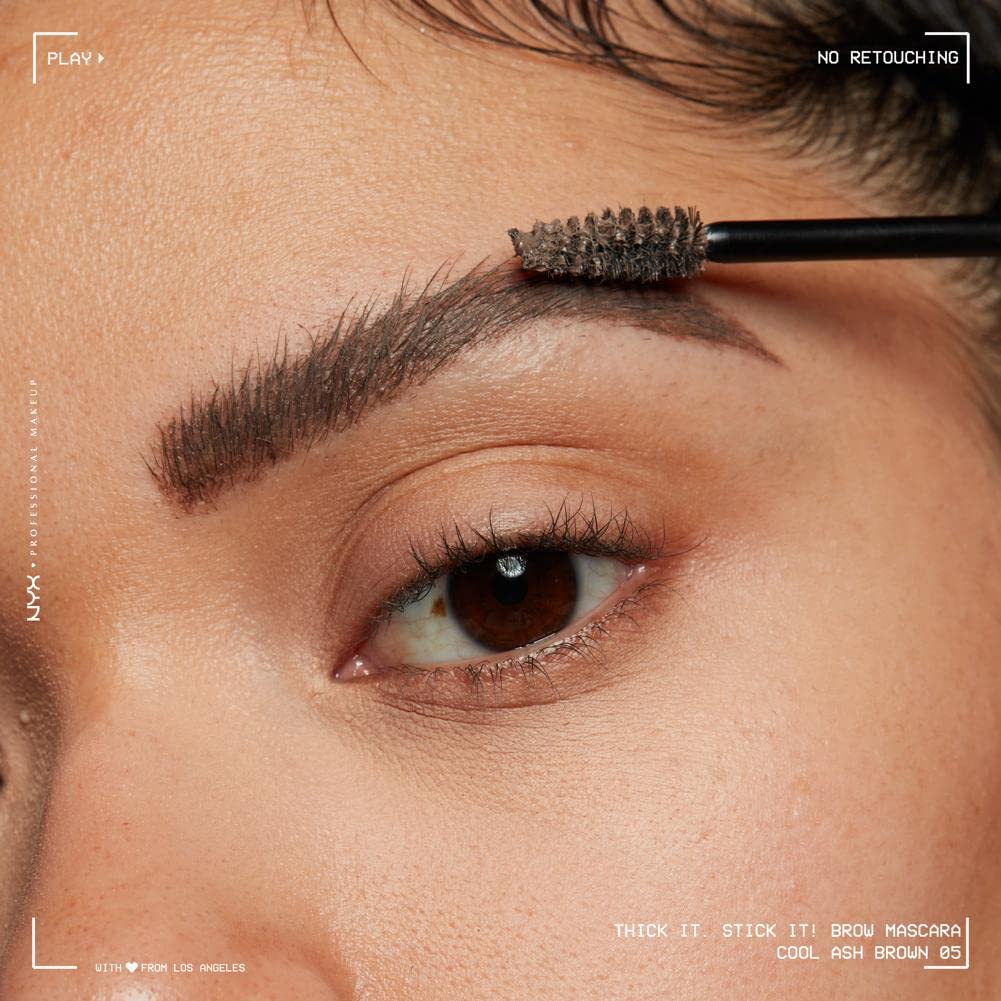 Swatch of NYX Thick It Stick It Brow Mascara in Cool Ash Brown on skin for shade reference.