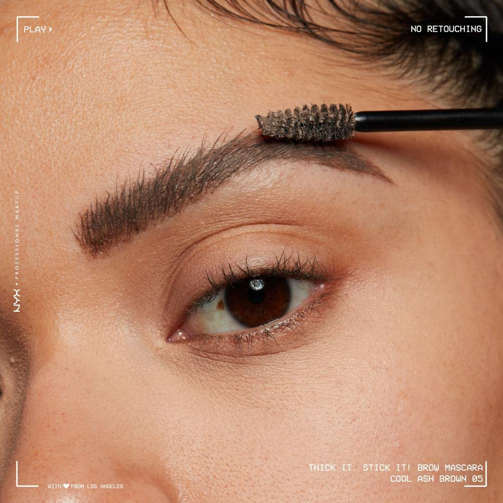 Swatch of NYX Thick It Stick It Brow Mascara in Cool Ash Brown on skin for shade reference.
