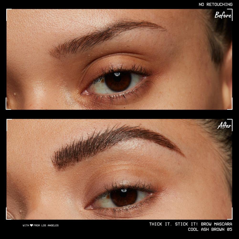 Wand close-up demonstrating hair-like fibers in NYX Thick It Stick It Brow Mascara.