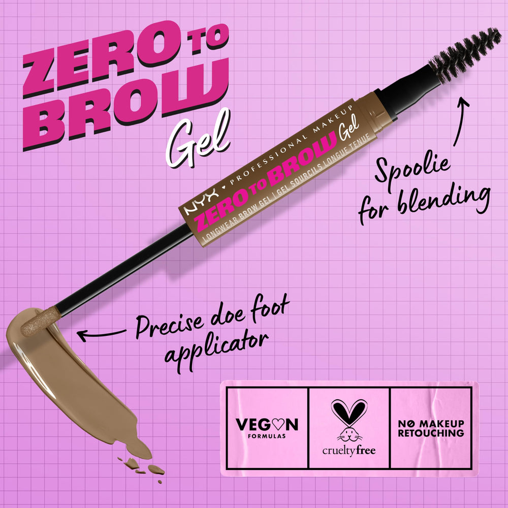 NYX Zero to Brow taupe gel shown with spoolie for seamless blending and soft definition