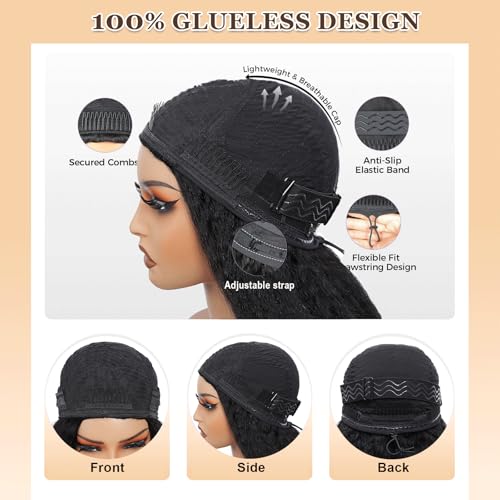 NZINZI kinky straight half wig adjustable drawstring cap for quick, secure fit