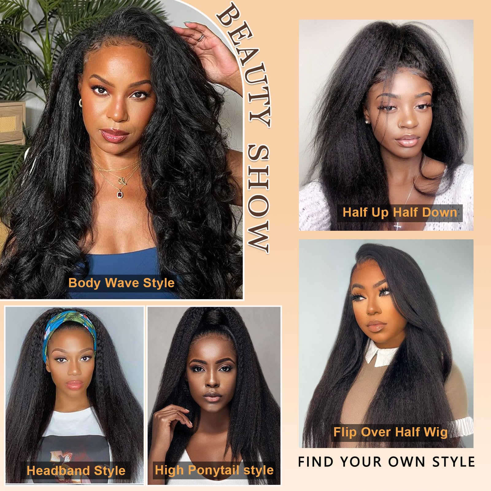 NZINZI kinky straight half wig resembles a headband wig for easy style changes