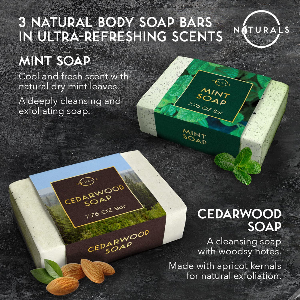 O Naturals bar soap cedarwood image highlights exfoliating texture for invigorating scrub.