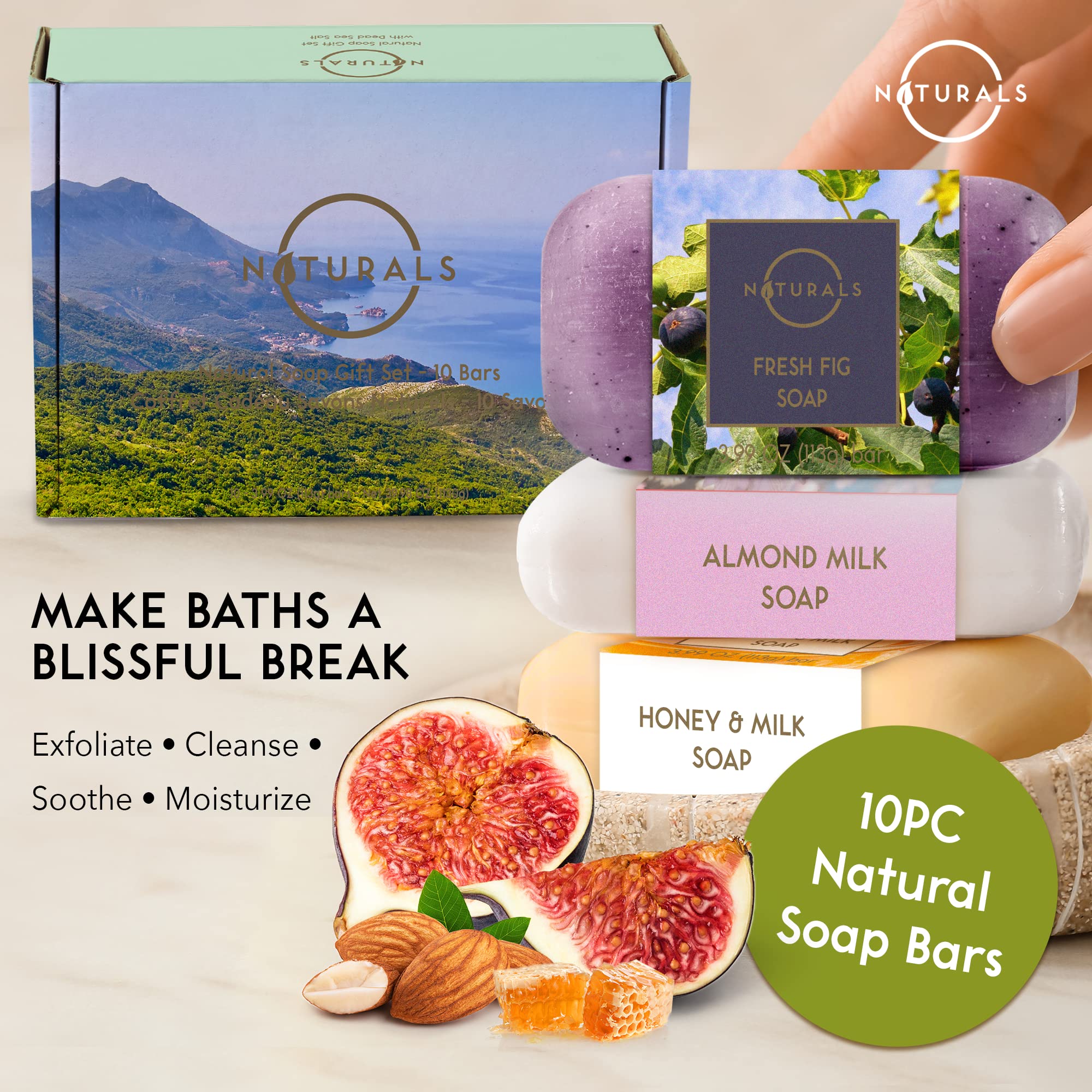 O Naturals bar soap varieties display colorful assortment for daily cleansing and skincare routine.