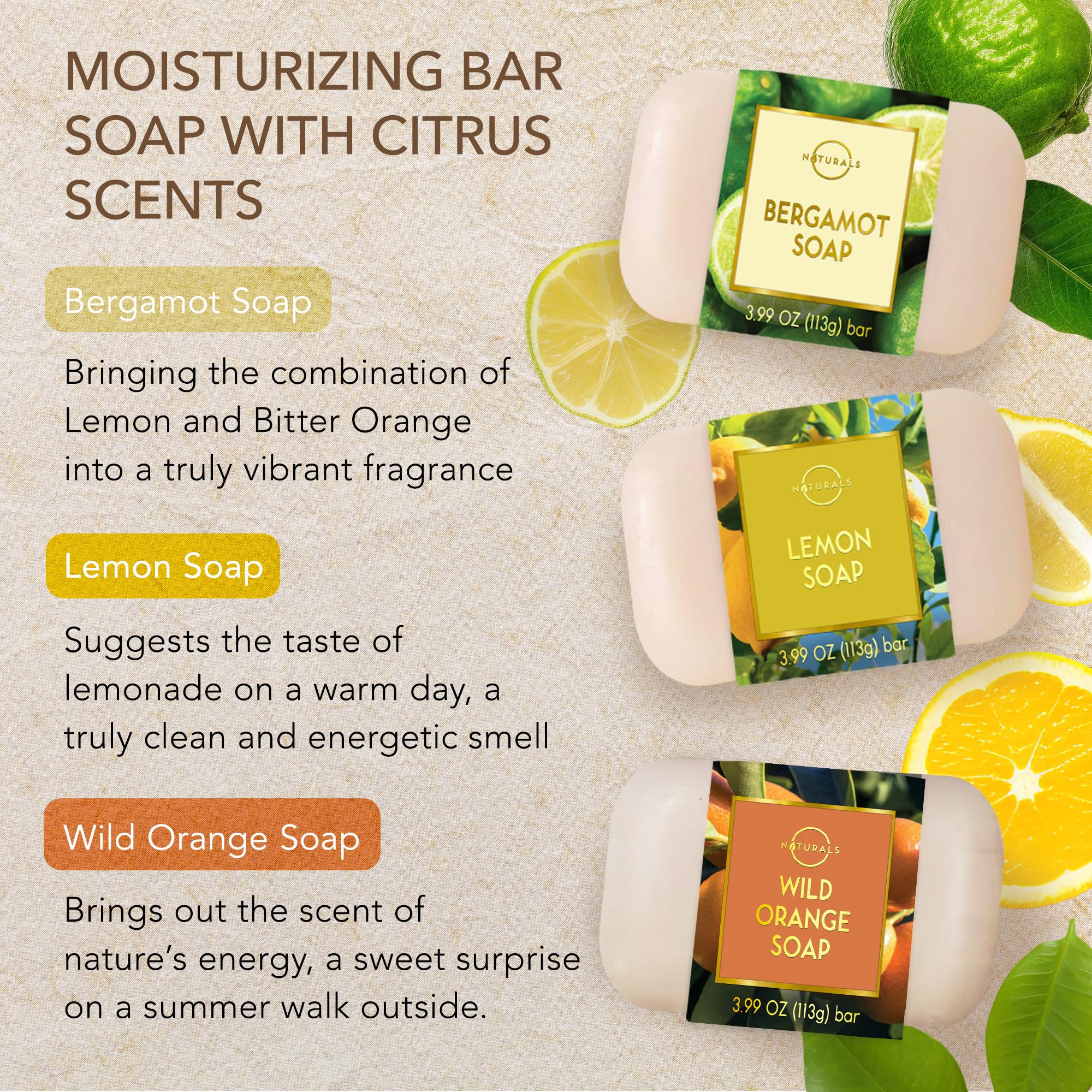 O NATURALS Petitgrain bar offers calming citrus notes for a relaxing shower.