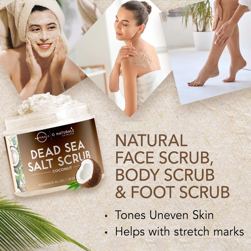 O Naturals exfoliating scrub with Dead Sea salt crystals on jar surface for radiant skin