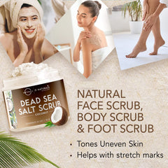 O Naturals exfoliating scrub with Dead Sea salt crystals on jar surface for radiant skin