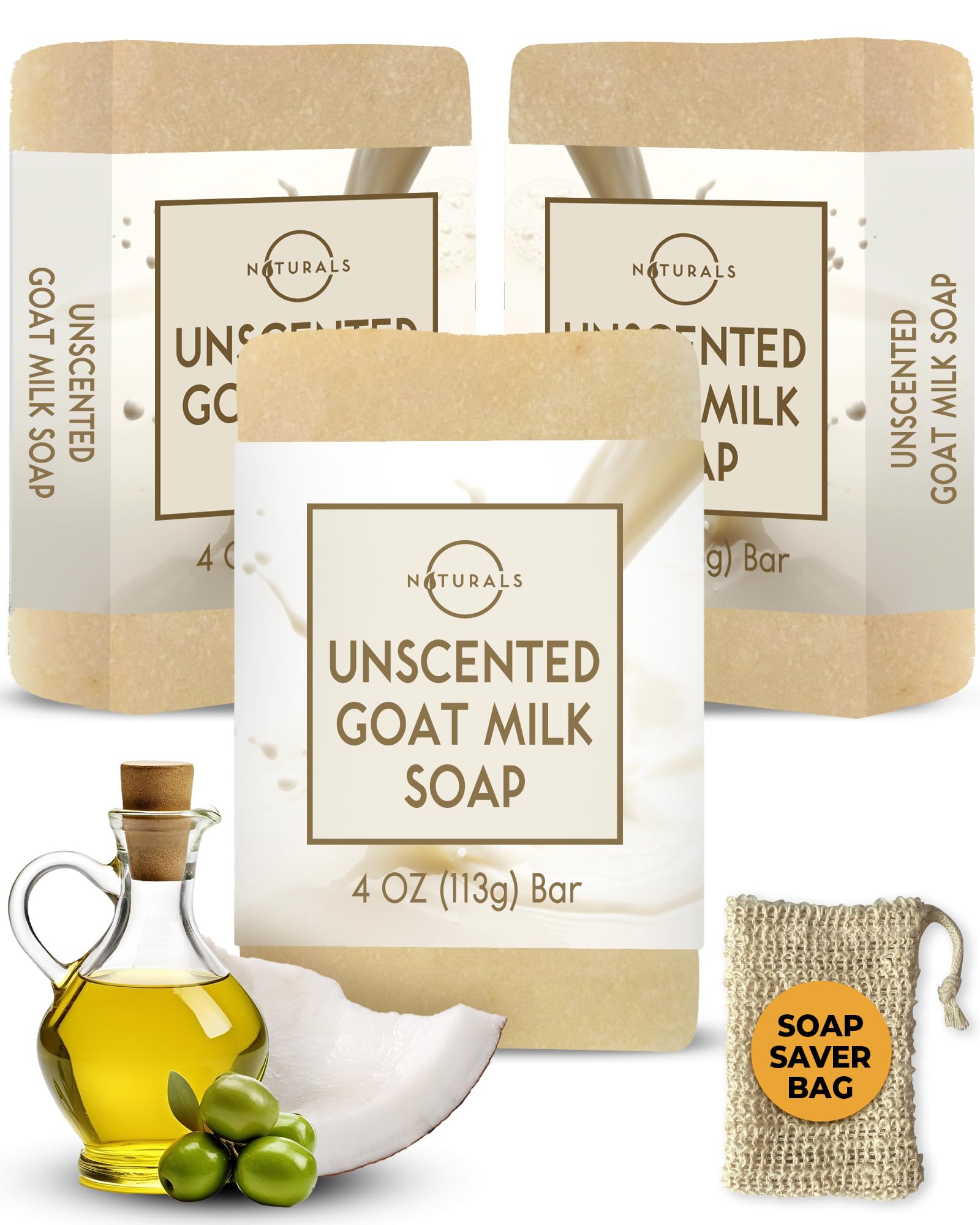O Naturals goat milk soap with saver bag: three bars for gentle exfoliation and savings.