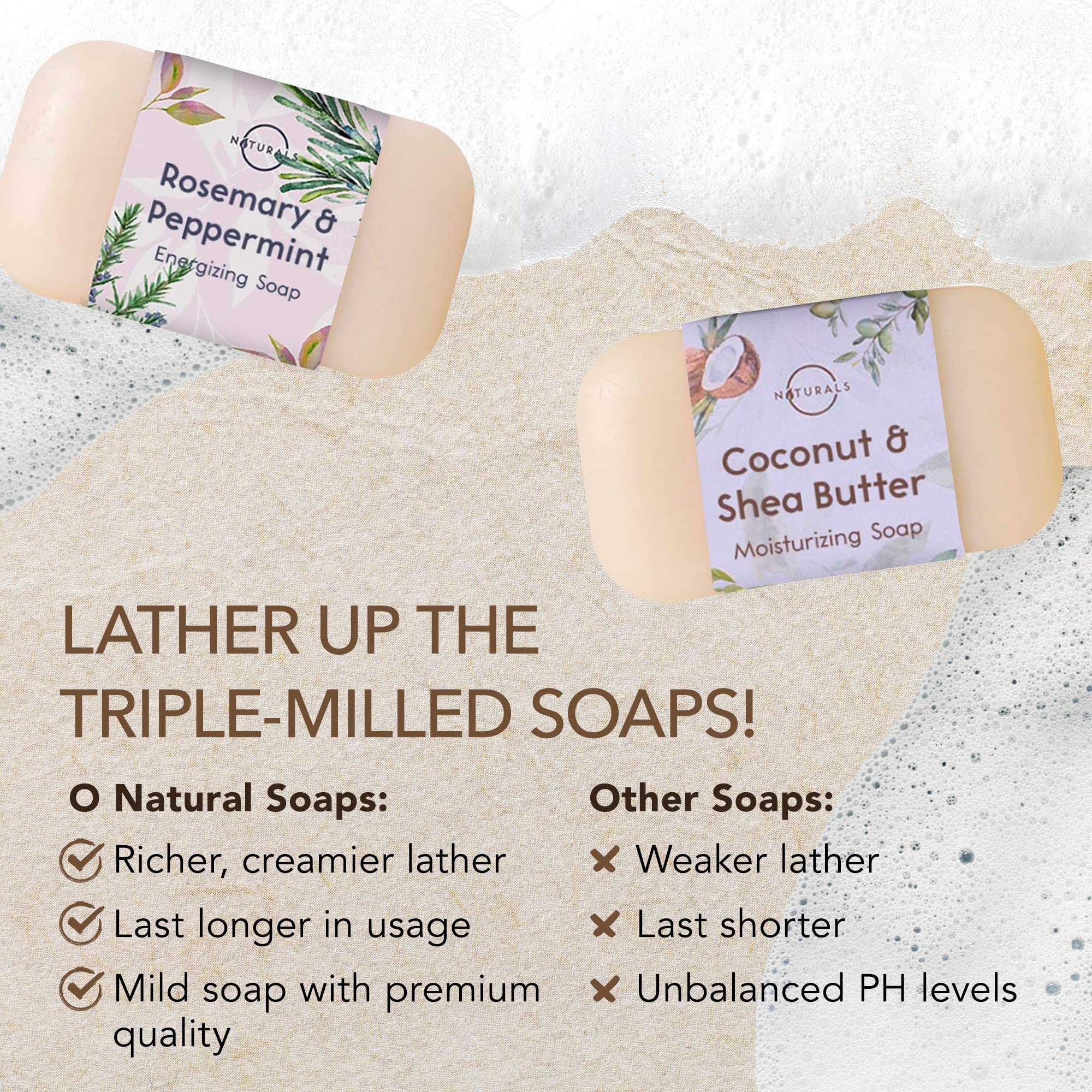 O NATURALS oatmeal-coffee bar highlights energizing wake-up cleanse with soft scrub.