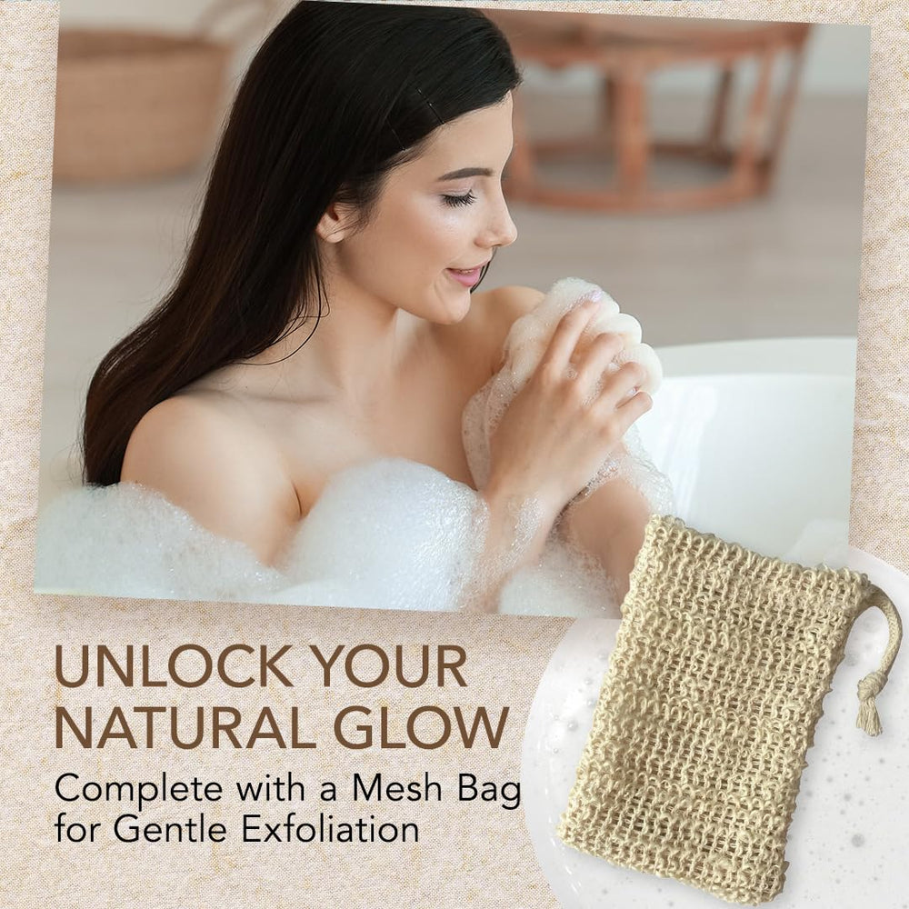 O Naturals soap bag closeup demonstrates gentle exfoliation during cleansing and soap saving.