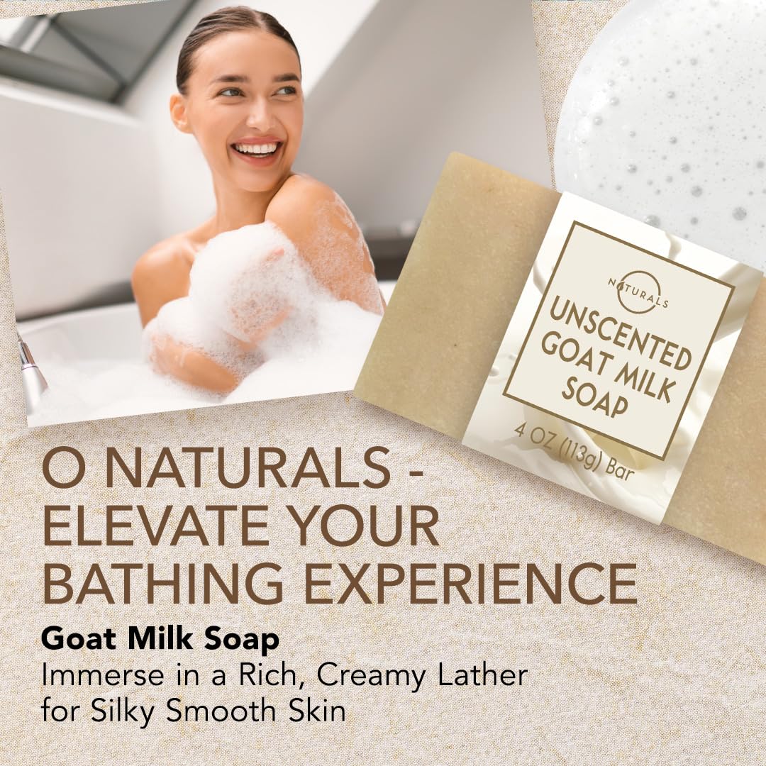 O Naturals unscented goat milk soap closeup highlighting creamy lather for sensitive skin.