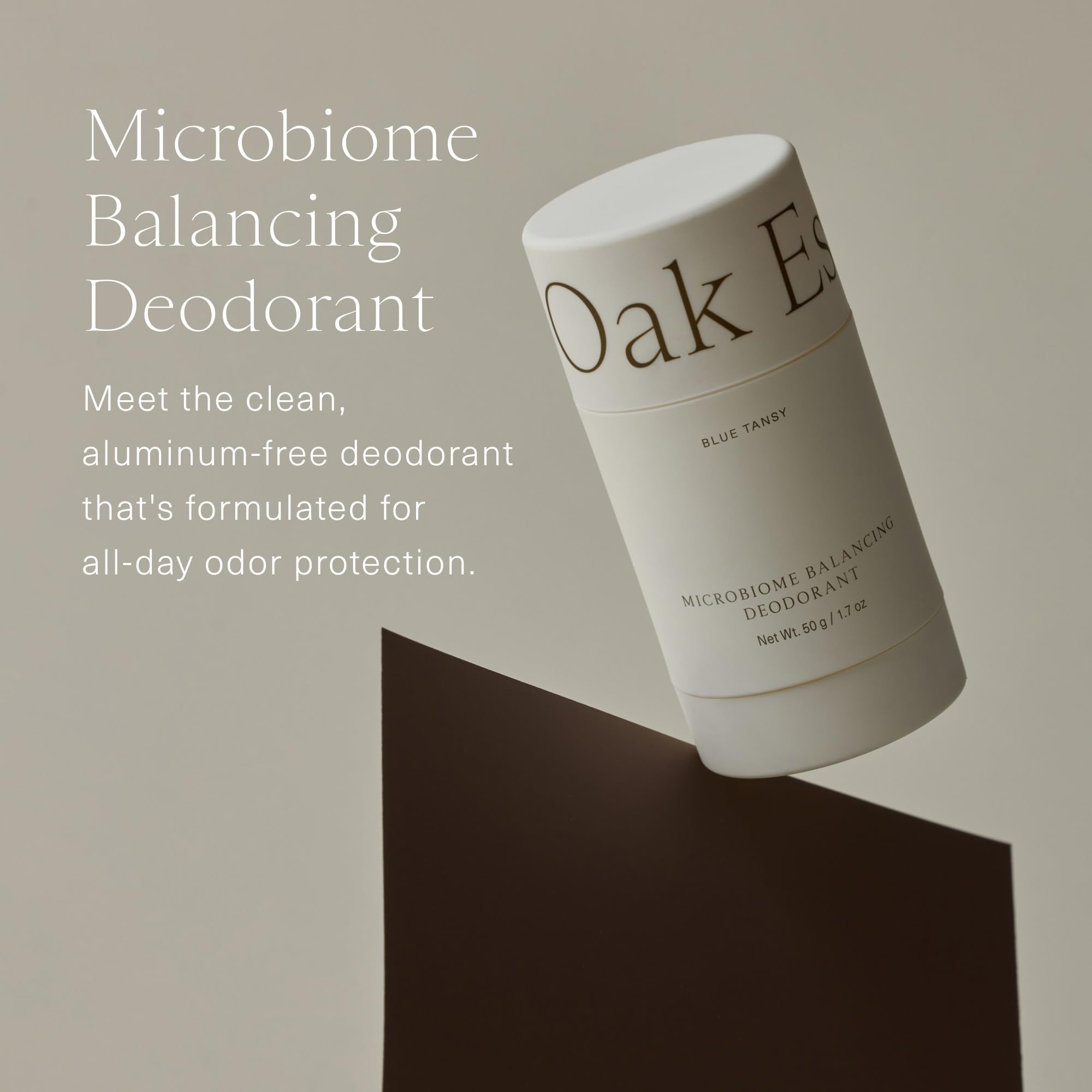 Oak Essentials deodorant blue tansy stick-application highlights smooth glide for sensitive skin.