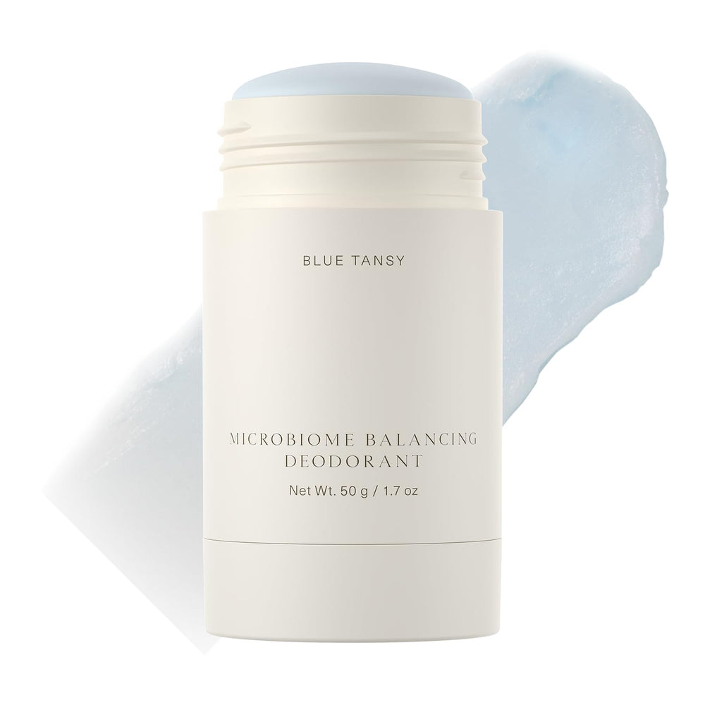 Oak Essentials microbiome-balancing deodorant blue tansy bottle demonstrates aluminum-free, long-lasting odor protection for daily wear.