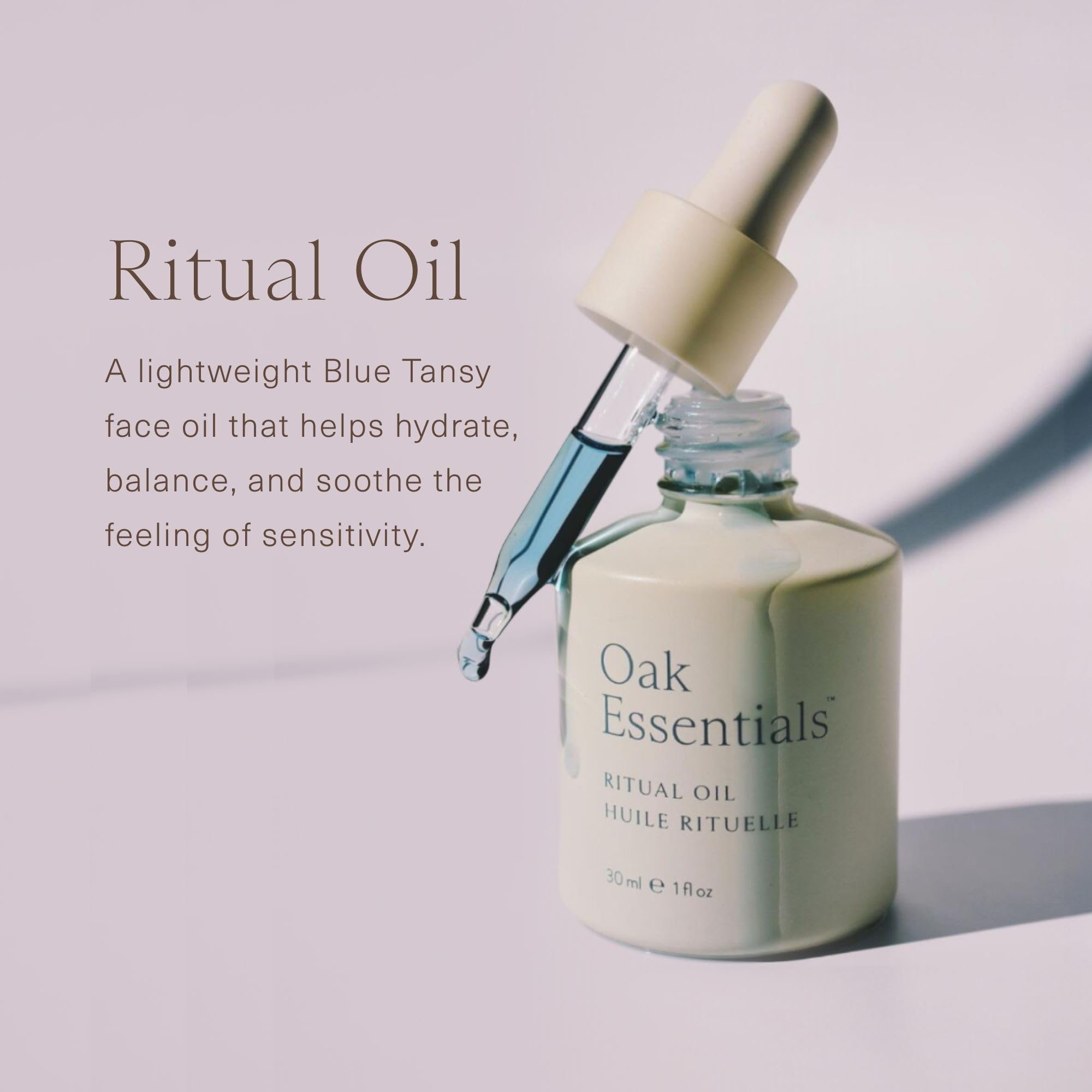 Oak Essentials Ritual Oil blue tansy close-up suggests soothing facial care