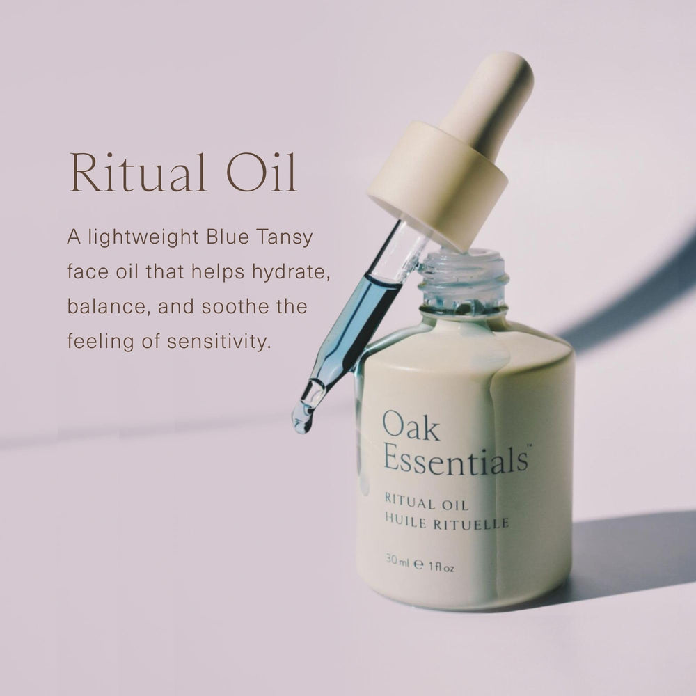 Oak Essentials Ritual Oil blue tansy close-up suggests soothing facial care