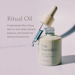 Oak Essentials Ritual Oil blue tansy close-up suggests soothing facial care